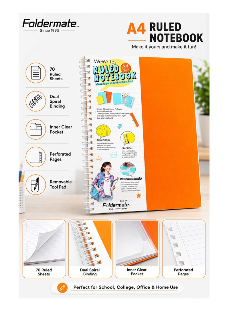 Foldermate 1-Piece A4 Size Spiral Lined Notebook 70 Sheets Assorted Colours - Image 2