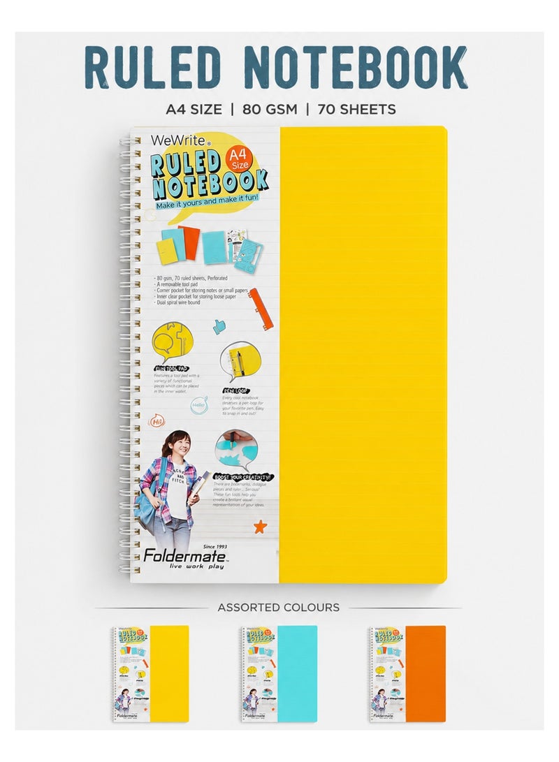 Foldermate 1-Piece A4 Size Spiral Lined Notebook 70 Sheets Assorted Colours - Image 1