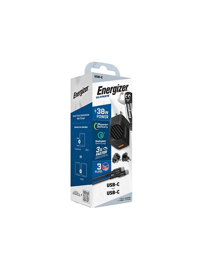 Energizer Ultimate 38W Fast Charging QualComm Wall Charger With Type- C Cable, 20W Power Delivery Type-C Output And 18W QC USB-A Output, International Plugs, Universal Compatibility Black - Image 3