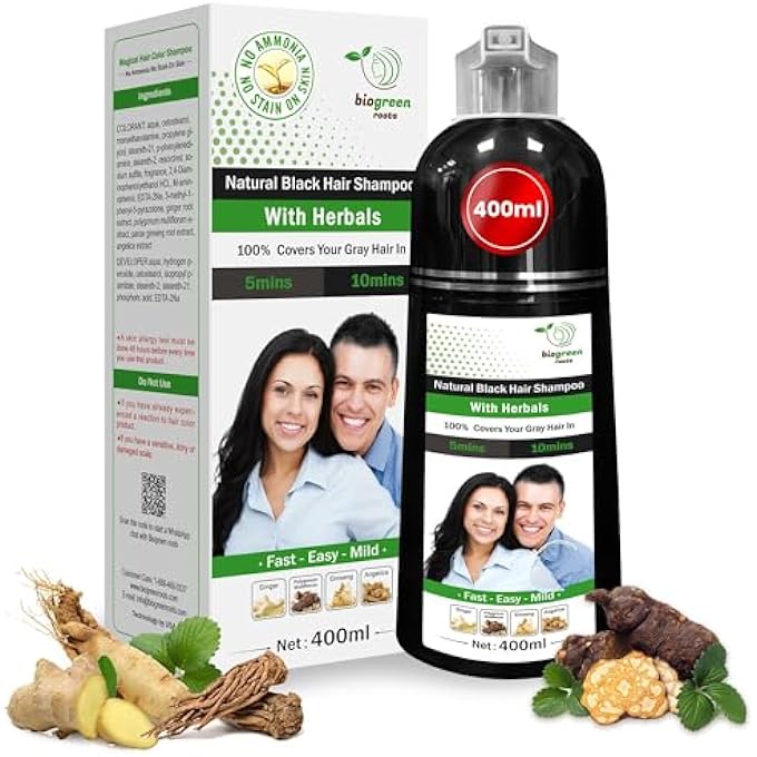 BIOGREEN ROOTS HERBAL NATURAL BLACK HAIR COLOR SHAMPOO (400ML) WITH 200ML HAIR TREATMENT FOR GREY HAIR COVERAGE IN 10 MINUTES - HAIR COLORING FOR MEN, WOMEN, ALL HAIR TYPES - NATURAL BLACK HAIR DYE - Image 1