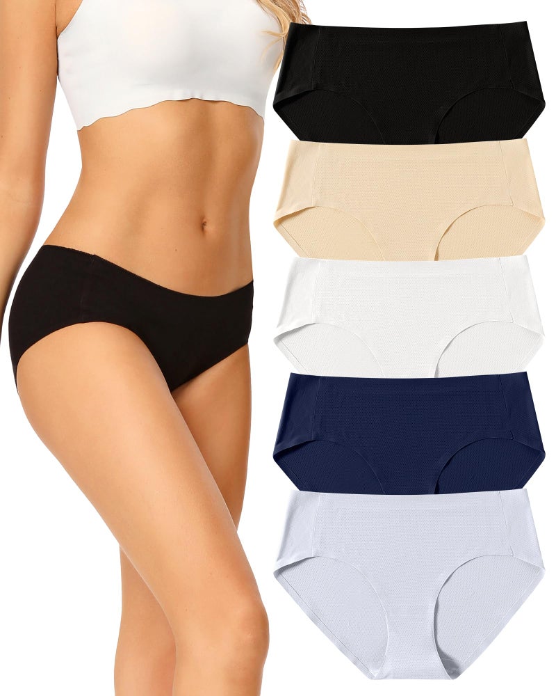 voenxe Seamless Underwear for Women, Hipster No Show Ladies Panties, Full Coverage Breathable Bikini Briefs, Invisible Comfortable Workout Undies, Soft Mesh Moisture Wicking Athletic, 5 Pack - Image 1