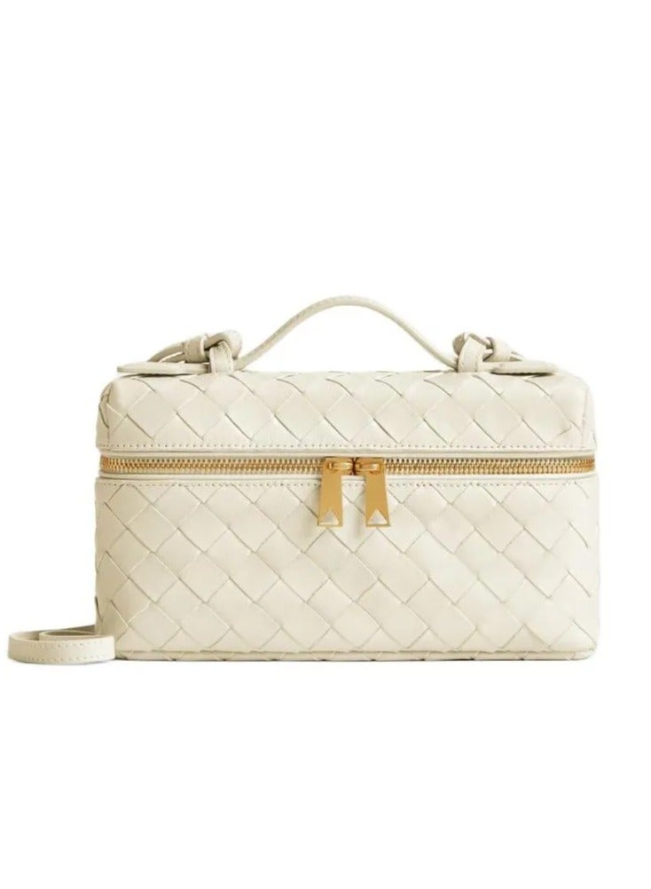 BOTTEGA Woven Leather Mini Box Bag - Cream White Design, Double-Zip Closure, Convertible Strap, Compact Handbag for Daily & Elegant Occasions - Image 1