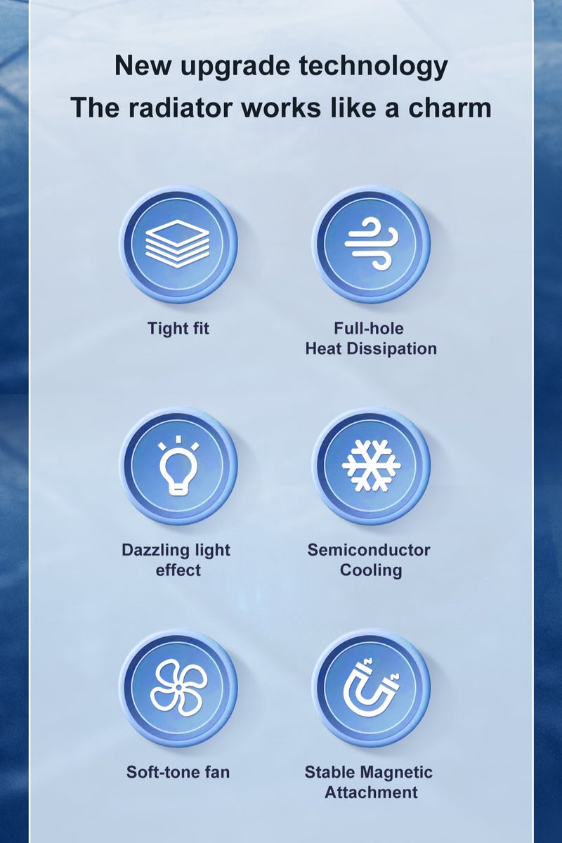 Mobile Phone Radiator, Mobile Phone Cooler for Playing Games, 3-speed Real-time Digital Display Temperature Adjustment, With Mobile Game Finger Mobile game finger sleeves Magnetic Back Clip Dual-purpose Mobile Phone Cooling Fan, Semiconductor Mobile Phone Radiator with RGB Light, Mini Mobile Phone Radiator Suitable for Mobile Phone Live Broadcast and Video Universal iPhone/Android Smartphone Only use the 5V-3A charging head to operate - Image 3