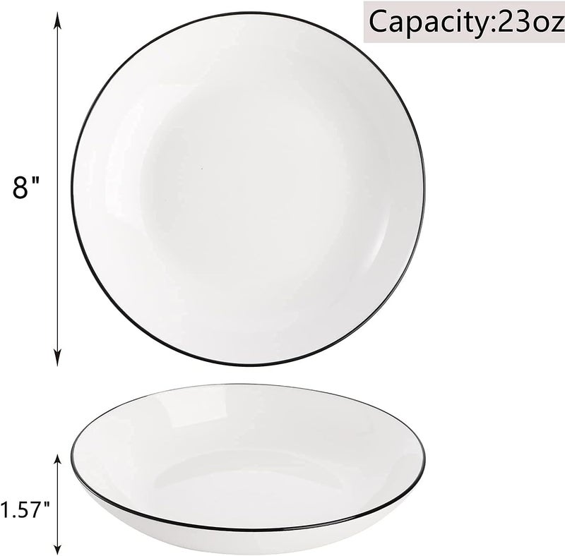 Dicunoy Dicunoy 6 Pack Pasta Plates 8 Porcelain Salad Bowls Shallow White Dinner Soup Serving Plate Spaghetti Dishes with Black Rim for Cereal Dessert Snack Microwave  Dishwasher Safe  - Image 2