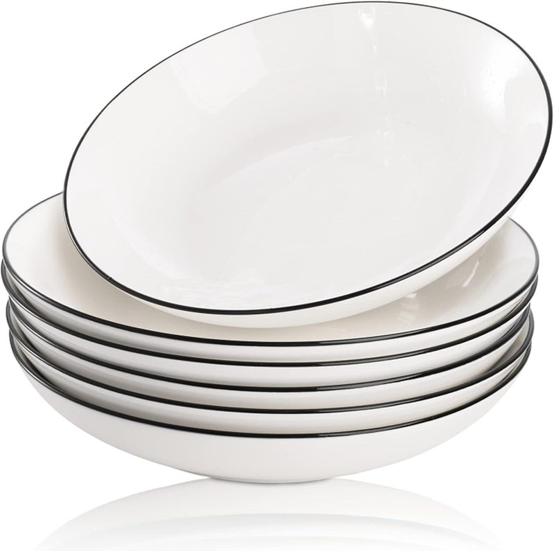 Dicunoy Dicunoy 6 Pack Pasta Plates 8 Porcelain Salad Bowls Shallow White Dinner Soup Serving Plate Spaghetti Dishes with Black Rim for Cereal Dessert Snack Microwave  Dishwasher Safe  - Image 1