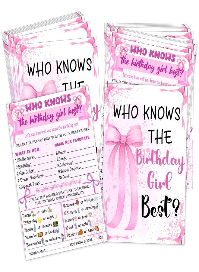 SHLINCO Who Knows The Birthday Best - Pink Party Games Card Set of 20 - Birthday Night Games Creative Idea - Pink Bow Themed Sleepover Slumber Party Supplies - Image 1
