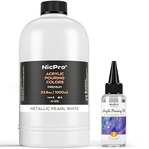 Nicpro White Metallic Pearl Color Acrylic Pour Paint 338 Ounce PreMixed Pouring Paint Supplies with Silicone Pour Oil Gloves for Canvas Rock Wood Cell Creation Flow DIY Art Painting Ready to Pour - Image 1