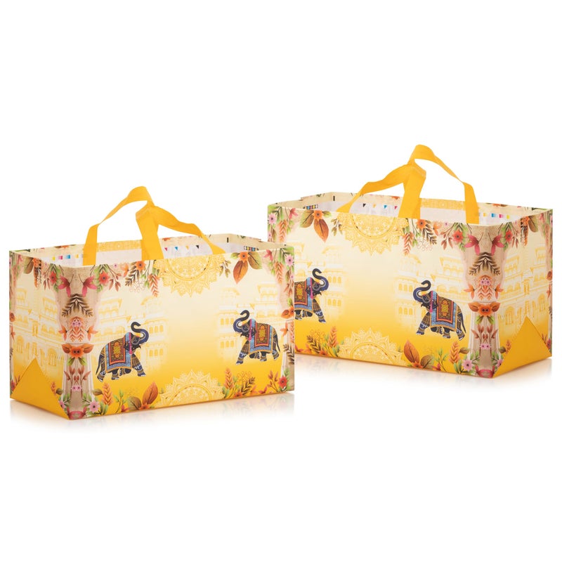 Drapme Jumbo Sweets Wedding Gift Bag, Matt Finish Non-Woven Laminated Fabric, Reusable & Eco-Friendly (Hathi Mahal Yellow, 16x9x8 Inch, Pack of 10 Pcs) - Image 1