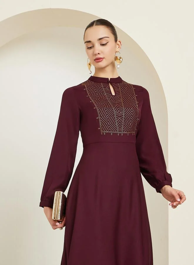 Styli Maroon Embellished Asymmetrical Hem Maxi Dress