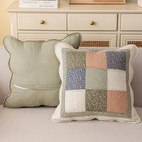 vctops Set of 2 Quilted 100 Cotton Boho Throw Pillow Covers 18 x 18 Farmhouse Country Floral Patchwork Decorative Cushion Cover Patchwork Flower M - Image 3