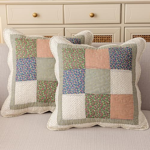 vctops Set of 2 Quilted 100 Cotton Boho Throw Pillow Covers 18 x 18 Farmhouse Country Floral Patchwork Decorative Cushion Cover Patchwork Flower M - Image 1