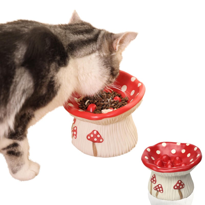 LOVINFURBABY Ceramic Cat Slow Feeder Cute Mushroom Shape Elevated Food Bowl Shallow Raised Cat Dish Anti Vomiting Whisker Fatigue Bowls - Image 2