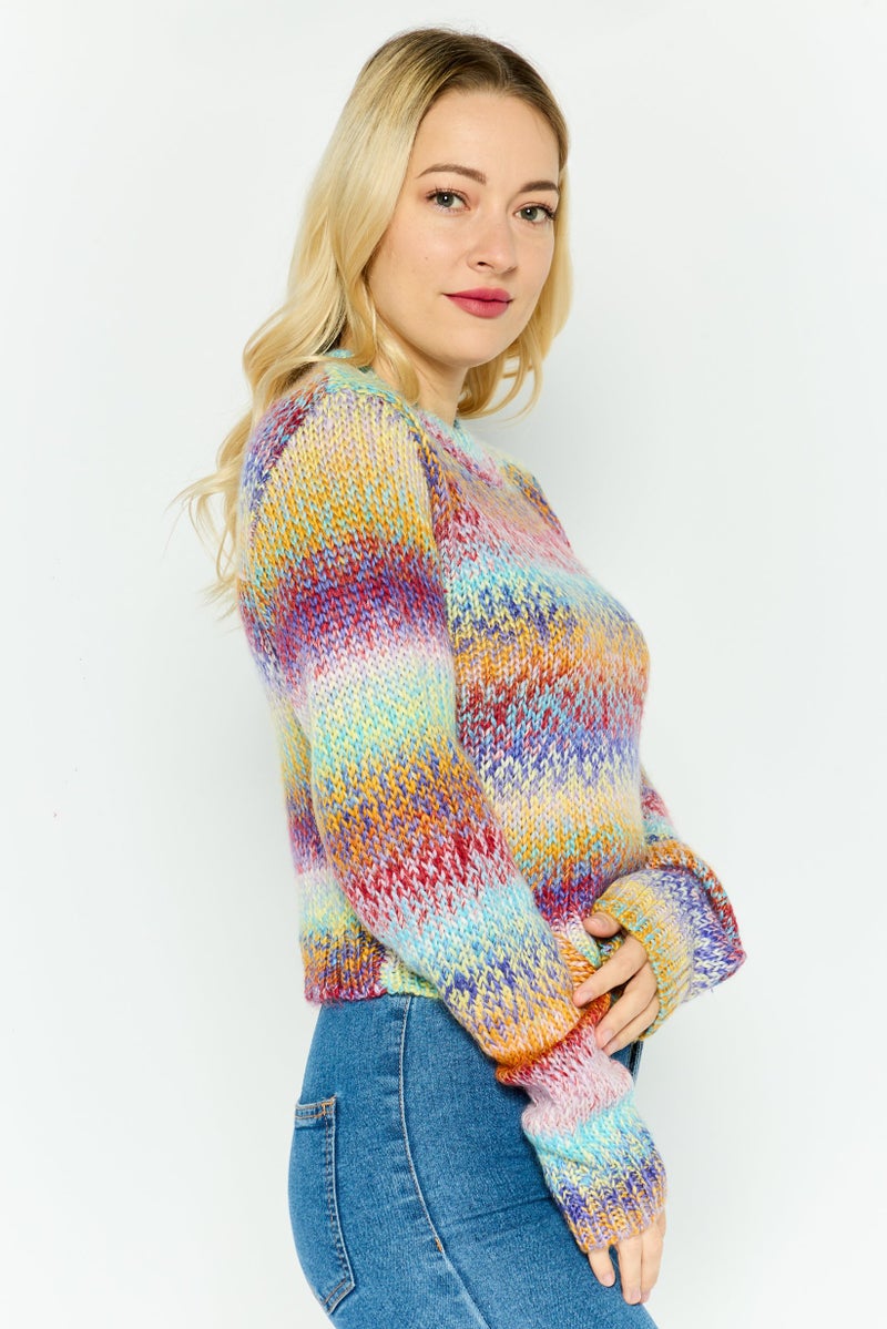 NIA Women Crew Neck Knitted Sweater, Red Combo - Image 3