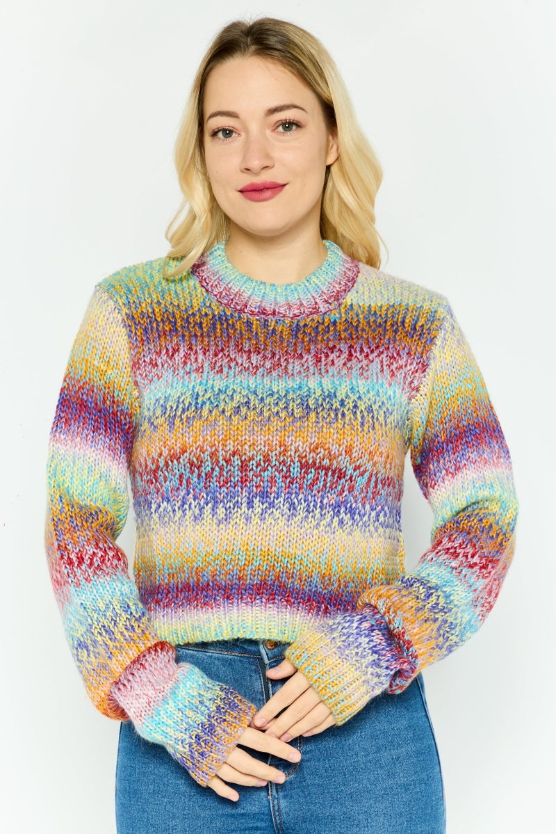 NIA Women Crew Neck Knitted Sweater, Red Combo - Image 1