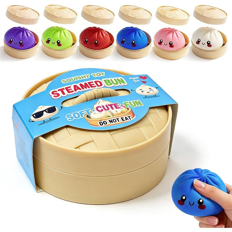 donciety Dumpling Squishies, 3.4inch Colorful Dumpling Stress Balls, Fidget Sensory Toy, Squeeze Dough Ball Stress Relief Hand Toys with Food Steamer, Dumpling Squishy Mystery Box, 6 Colors Random(1pack) - Image 1