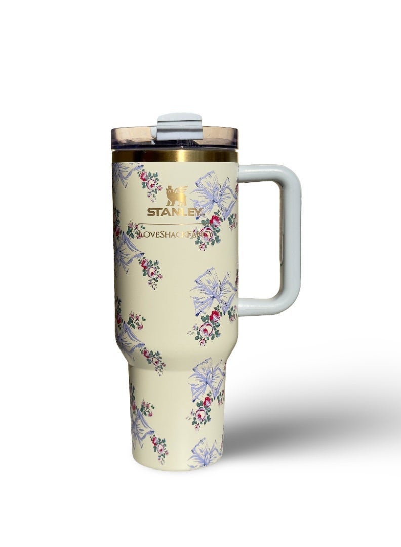 Stanley Love Shack Fancy H2.0 Flow State 40oz Rosa Beaux Blue Tumbler, Stainless Steel Vacuum Insulated Quencher with Lid, Straw, Pouch and Stopper in Elegant Gift-Ready Packaging, Keeps Drinks Cold for Hours - Image 1