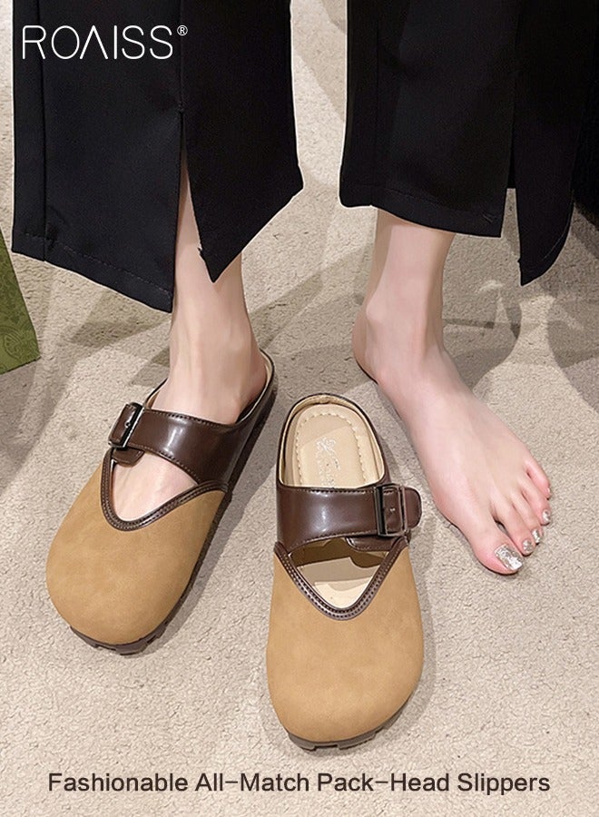 roaiss Women's Toe Cap Backless Flats, Casual Suede Clogs, Trendy Vintage Sandals, Potato Shoes with Arch Support, Comfortable Elegant Leather Mules, Classic Slip-On Shoes with Retro-style Bronze Buckles, Ideal for All-day Wear  - Image 1