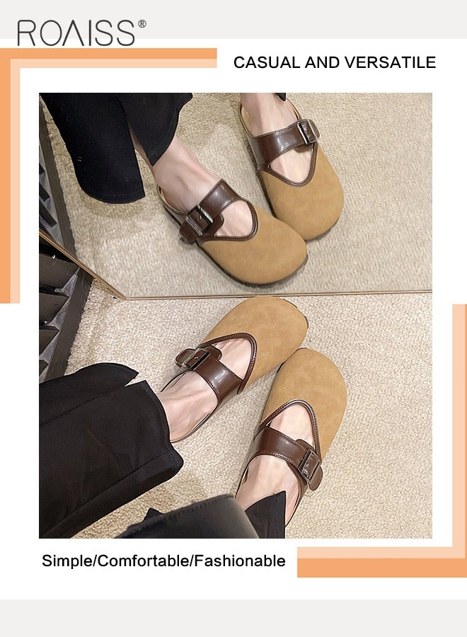 roaiss Women's Toe Cap Backless Flats, Casual Suede Clogs, Trendy Vintage Sandals, Potato Shoes with Arch Support, Comfortable Elegant Leather Mules, Classic Slip-On Shoes with Retro-style Bronze Buckles, Ideal for All-day Wear  - Image 3