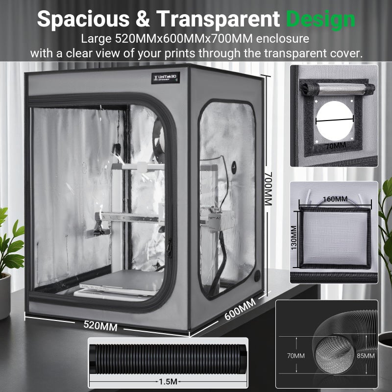 UniTak3D Upgrade 3D Printer Enclosure with Ventilation Kit for Bambu lab A1/A1 Mini Combo,Fireproof&Dustproof Constant Temperature 3D Printer Cover with AMS LED Light-520*600*700mm-NOT For AMS lite Top-mount - Image 2