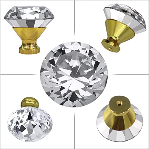J P Hardware Clear Glass Crystal Cabinet Knobs/Wardrobe Door Knobs/Cupboard Drawer Pull Handle/Glass Dresser Knobs (Pack of 4_40mm) (Gold Diamond knobs) - Image 4