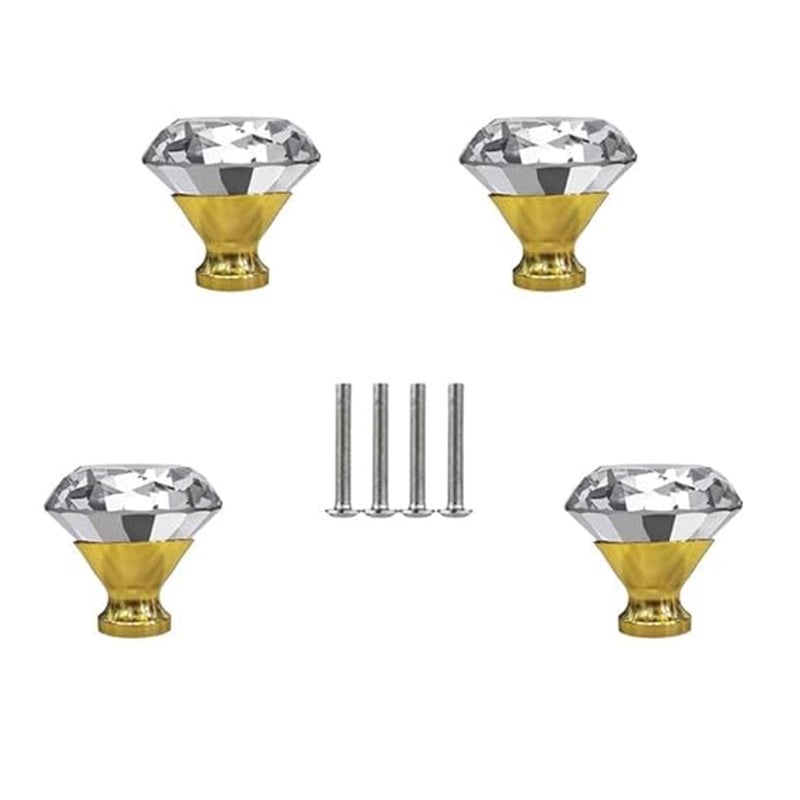 J P Hardware Clear Glass Crystal Cabinet Knobs/Wardrobe Door Knobs/Cupboard Drawer Pull Handle/Glass Dresser Knobs (Pack of 4_40mm) (Gold Diamond knobs) - Image 5