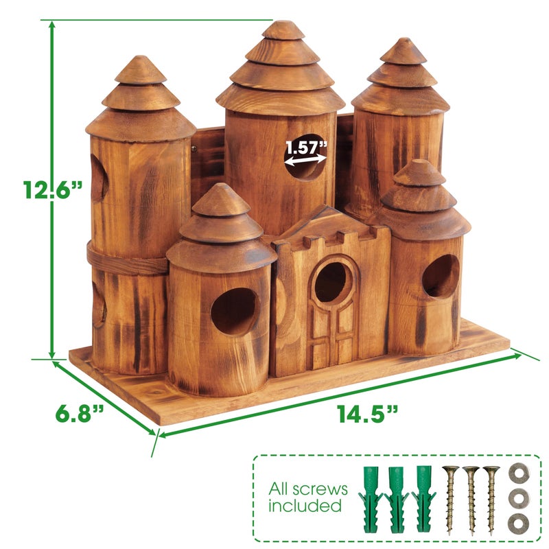 MIXUMON Wooden Bird Houses for Outside â€“ 8 Rooms Castle-Style Bird House, Carbonized Pine Rustic Finish, 1.57" Entrance Holes, Decorative Outdoor Bird Nesting Box (Rustic, 8 Rooms) - Image 3