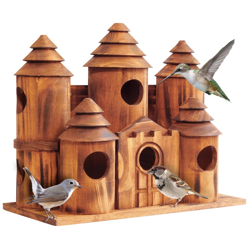 MIXUMON Wooden Bird Houses for Outside â€“ 8 Rooms Castle-Style Bird House, Carbonized Pine Rustic Finish, 1.57" Entrance Holes, Decorative Outdoor Bird Nesting Box (Rustic, 8 Rooms) - Image 1