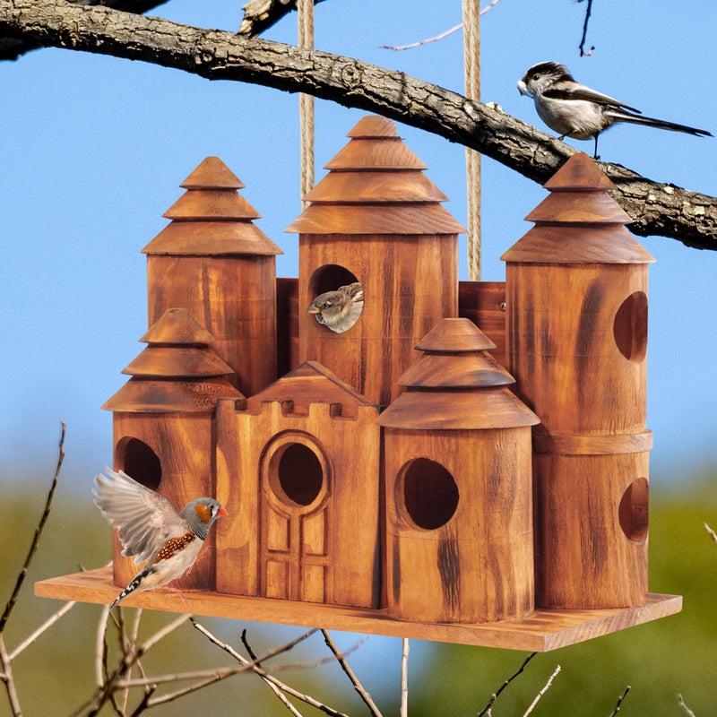 MIXUMON Wooden Bird Houses for Outside â€“ 8 Rooms Castle-Style Bird House, Carbonized Pine Rustic Finish, 1.57" Entrance Holes, Decorative Outdoor Bird Nesting Box (Rustic, 8 Rooms) - Image 2
