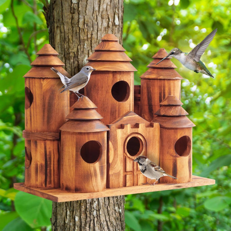 MIXUMON Wooden Bird Houses for Outside â€“ 8 Rooms Castle-Style Bird House, Carbonized Pine Rustic Finish, 1.57" Entrance Holes, Decorative Outdoor Bird Nesting Box (Rustic, 8 Rooms) - Image 4