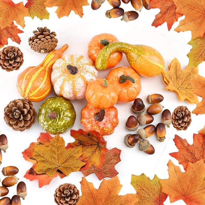 Thanksgiving Decoration Set 128pcs Artificial Maple Leaves Harvest Pumpkin Small Acorns Pine Cones and Gourds for Autumn Fall and Halloween Home Party Decoration