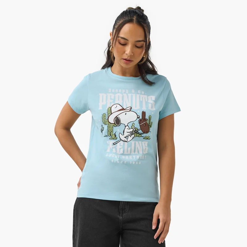 اس بي كاركترز Peanuts Print Crew Neck T-shirt with Short Sleeves