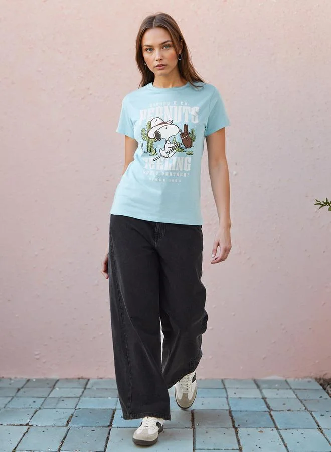 SP Characters Peanuts Print Crew Neck T-shirt with Short Sleeves