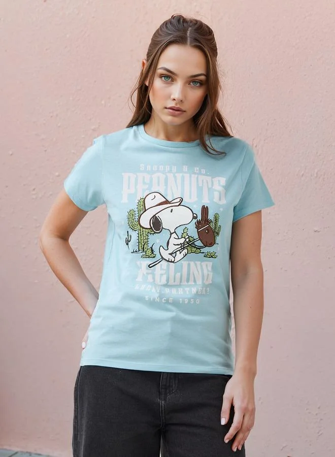 SP Characters Peanuts Print Crew Neck T-shirt with Short Sleeves