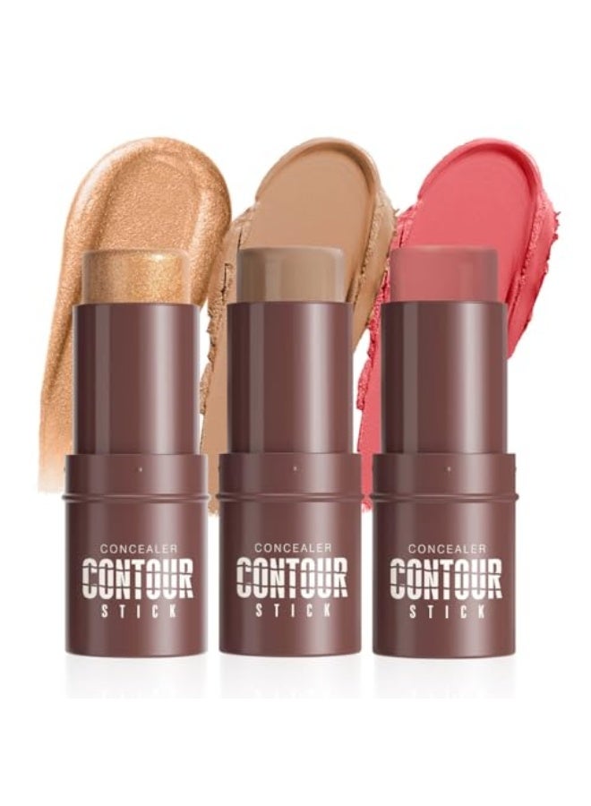 HelloKiss 3Set Contouring Stick Set: Blush Bronzer Highlighter Trio for Natural Makeup, Long-Lasting & Travel-Friendly | Ideal for Middle Eastern Climate (Set-C, Standard) - Image 2