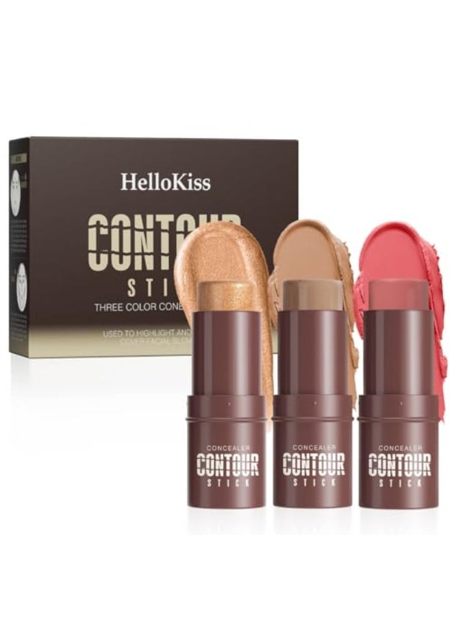 HelloKiss 3Set Contouring Stick Set: Blush Bronzer Highlighter Trio for Natural Makeup, Long-Lasting & Travel-Friendly | Ideal for Middle Eastern Climate (Set-C, Standard) - Image 1