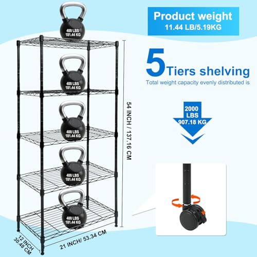 Whitmor 5 Tier Shelving Unit, Adjustable Storage Shelves with Wheels, Wire Shelving, 400 lbs Capacity per Shelf, Max 2000 lbs Total for Laundry, Garage, Plant, 21" L x 12" W x 54" H, Black - Image 4