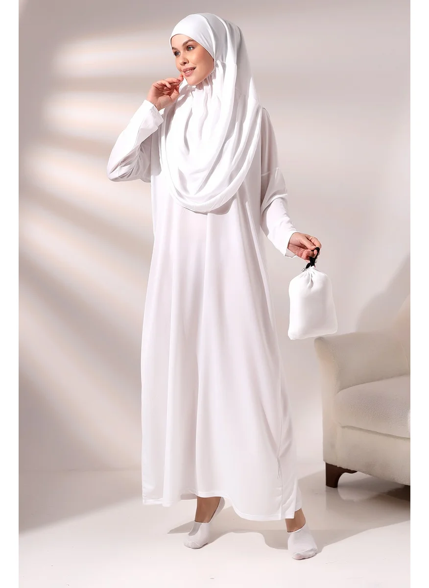 İhvan Ihvan White Women's Practical Headscarf One-Piece Prayer Dress with Bag