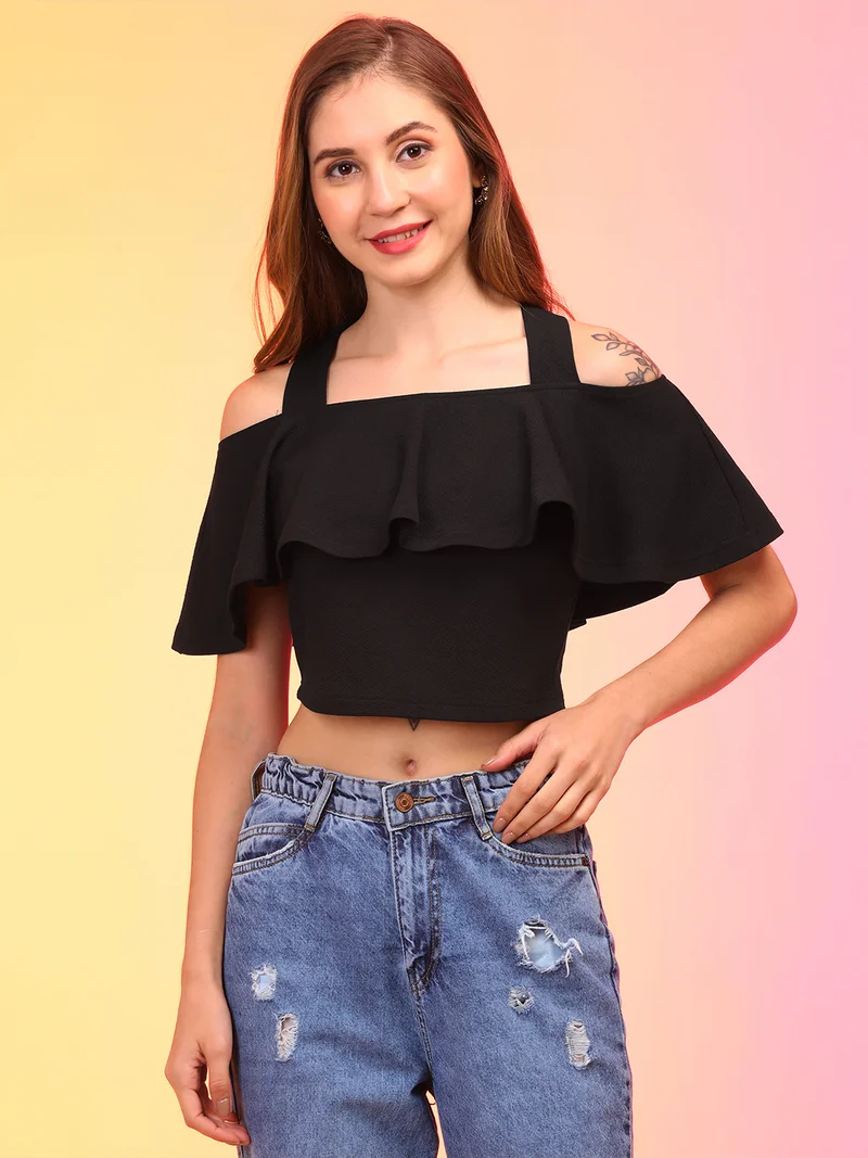 globus Globus Women Black Off Shoulder Bardot Crop Top