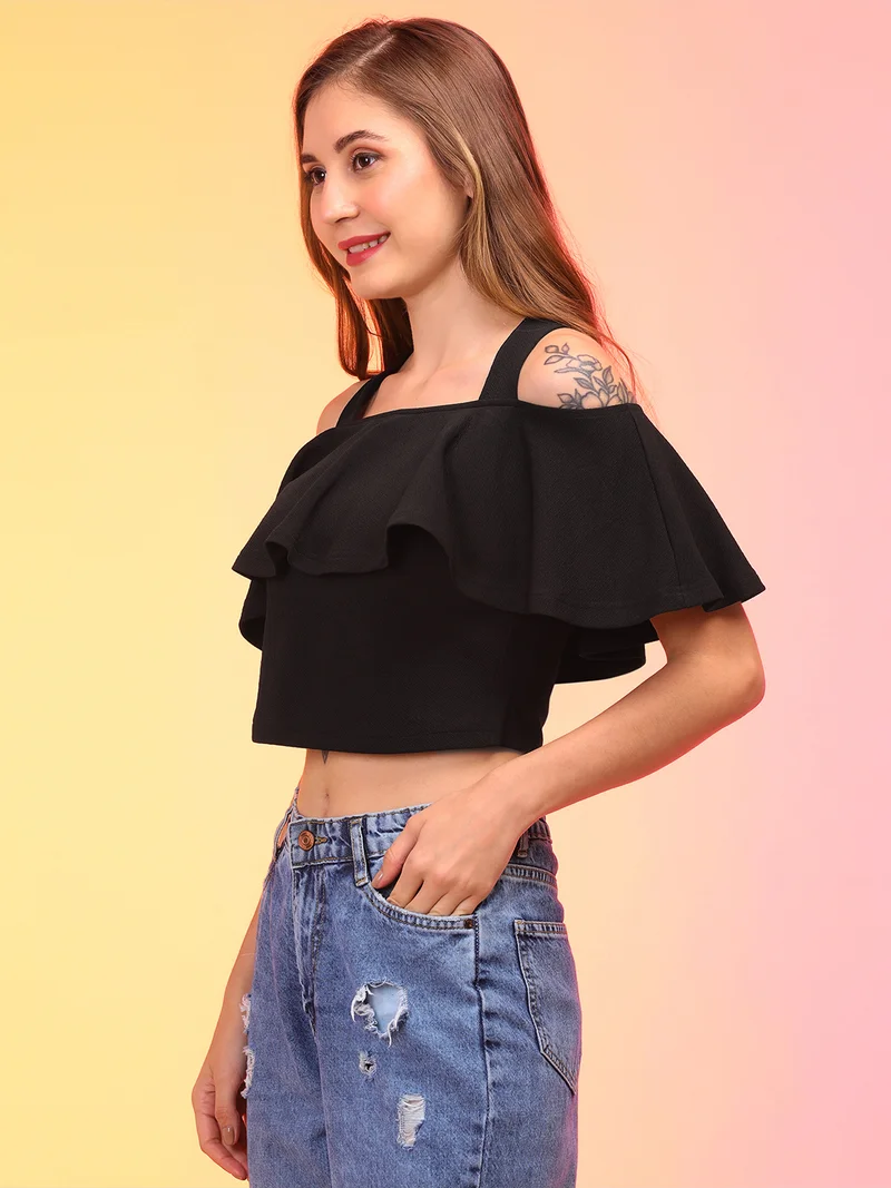 globus Globus Women Black Off Shoulder Bardot Crop Top
