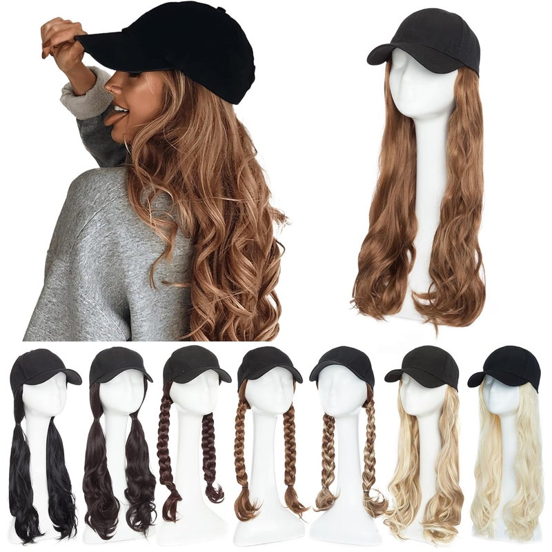 SEGO Baseball Cap with Hair Extensions for Women Adjustable Hat with Hair Attached Synthetic Long Wavy Wig with Black Hat Stylable for Pigtail Ponytail 16 Inch Light Brown 290g