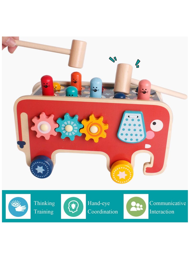 Whack a Mole Game for Toddlers, Wooden Educational Toy for Hammering, Pounding, Hitting and Pull Along, Xylophone, Elephant, Gopher, Mouse and Hamster, Gift for 3+ Years Boys and Girls - Image 4