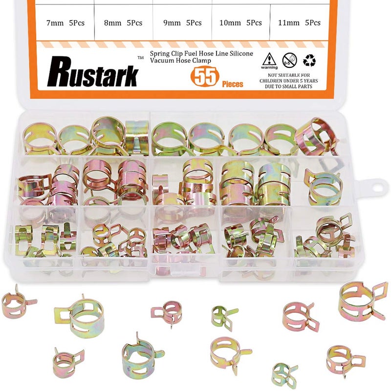 Rustark 55Pcs Spring Band Type Action Fuel Line Silicone Vacuum Hose Pipe Clamp Low Pressure Air Clip Clamps Fasteners Assortment Kit (5 x 7mm 8mm 9mm 10mm 11mm 12mm 13mm 14mm 15mm 16mm 17mm) - Image 1