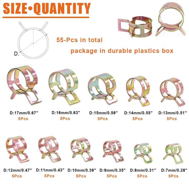 Rustark 55Pcs Spring Band Type Action Fuel Line Silicone Vacuum Hose Pipe Clamp Low Pressure Air Clip Clamps Fasteners Assortment Kit (5 x 7mm 8mm 9mm 10mm 11mm 12mm 13mm 14mm 15mm 16mm 17mm) - Image 2