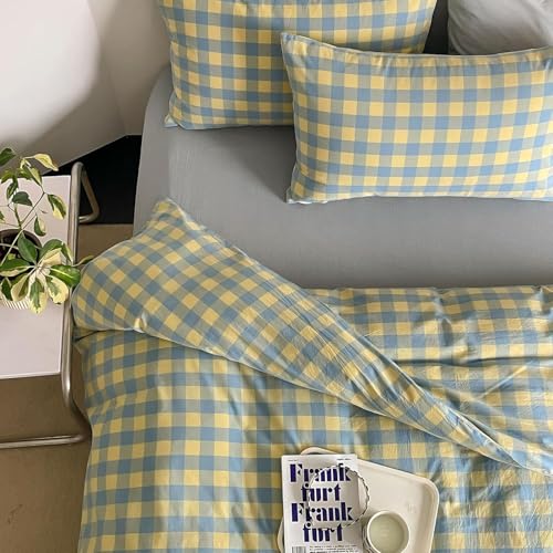 mixinni Yellow Blue Green Checkered Duvet Cover Set Full Size 3Piece 100 Cotton Bedding Set Soft Breathable Geometric Plaid Comforter Cover with Zipper for All Seasons - Image 1