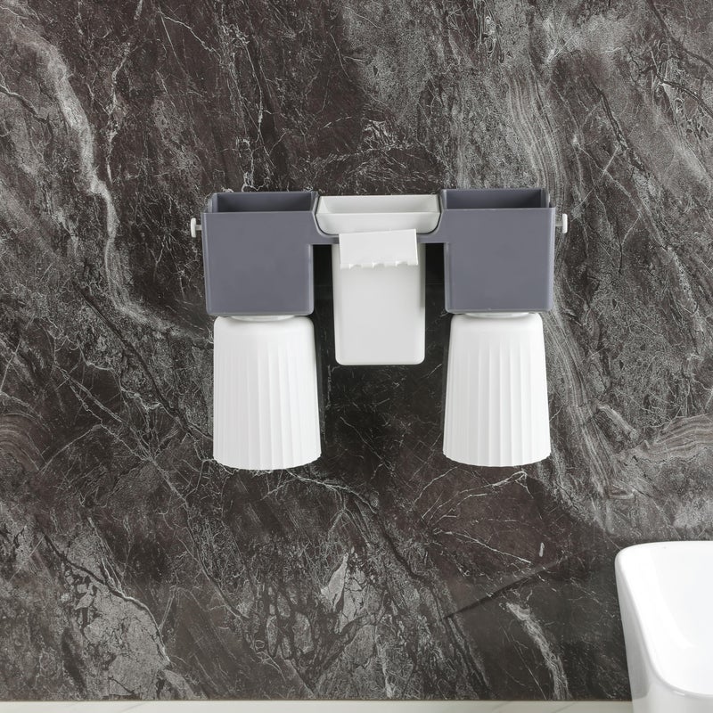 Jinila Wall Mounted Toothbrush Holder with 2 Gargle Cup Self-Adhesive Multipurpose Toothpaste, Tongue Cleaner, Comb Storage Shelf for Bathroom and Wash Basin (Pack of 1, Gray and Cream) - Image 1
