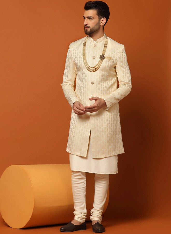 KISAH Men Self-Design Mandarin Collar Indowestern Sherwani Set - Image 1