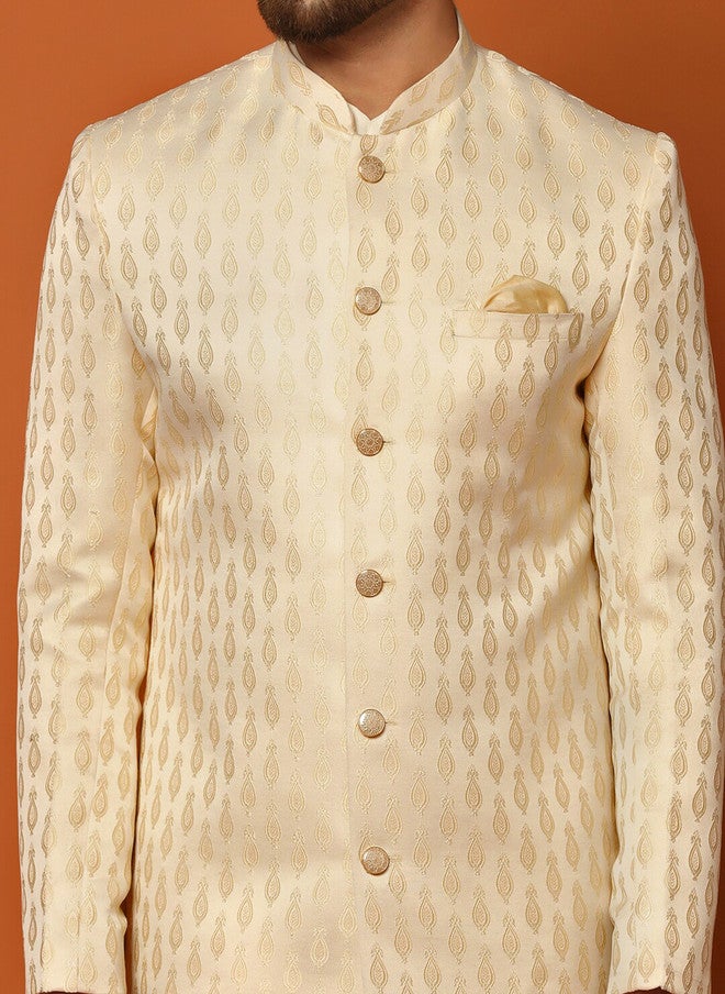 KISAH Men Self-Design Mandarin Collar Indowestern Sherwani Set - Image 3