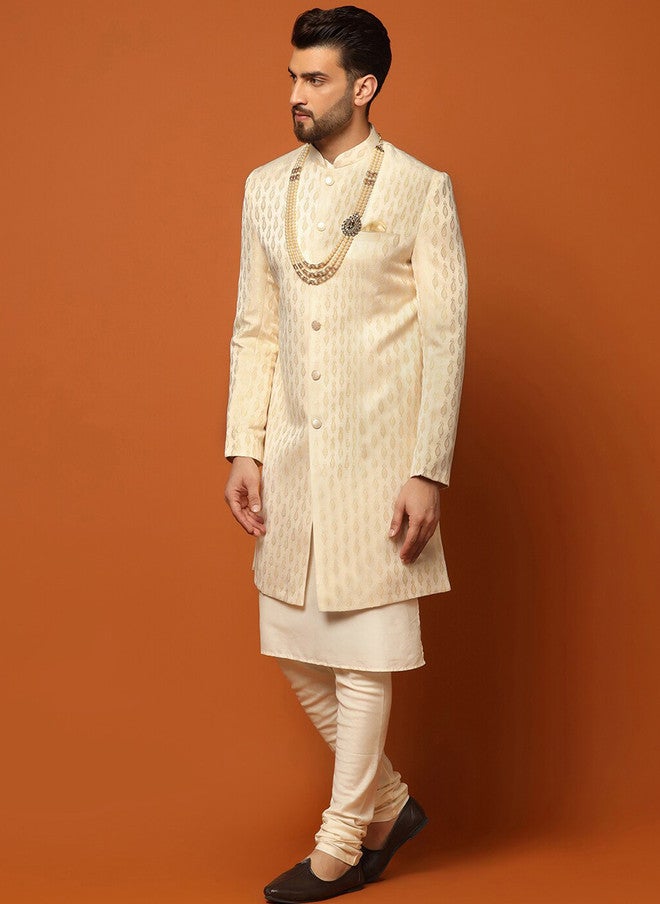 KISAH Men Self-Design Mandarin Collar Indowestern Sherwani Set - Image 5