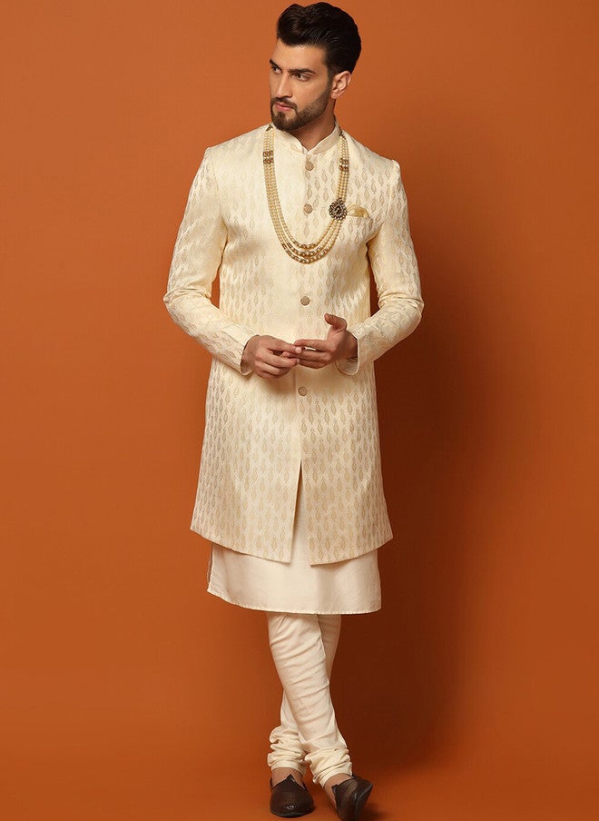 KISAH Men Self-Design Mandarin Collar Indowestern Sherwani Set - Image 2