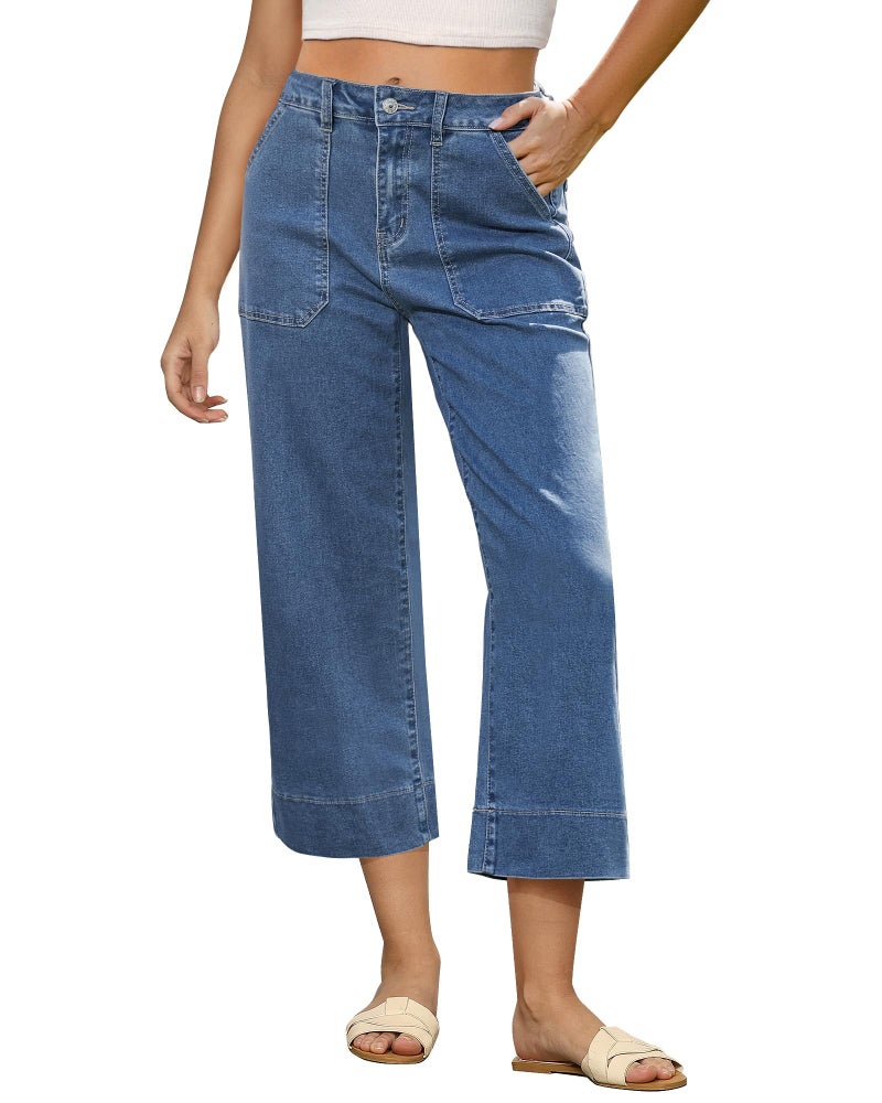 GRAPENT Denim Capris High Waisted Womens Denim Capris for Summer Cropped Jeans for Women Baggy Wide Leg Jeans for Women Womens Baggy Jeans Jeans Baggy Color Reef Blue XX-Large Size 20 to 22 - Image 1